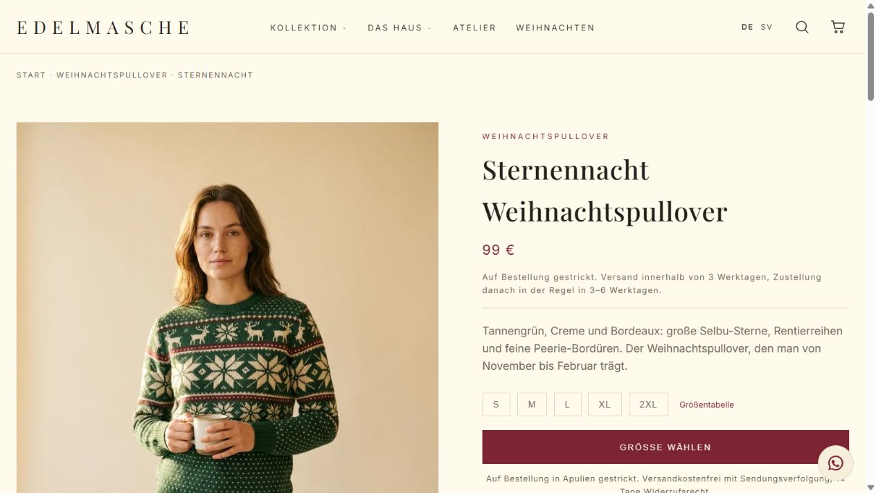 German Sternennacht product page during the size=M test: five size options and the choose-size purchase button.